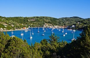 'Free swinging': In the tiny port of Lakka on the northernmost tip of Paxos, the flotilla moors in the harbour, using dinghies to get ashore for provisions